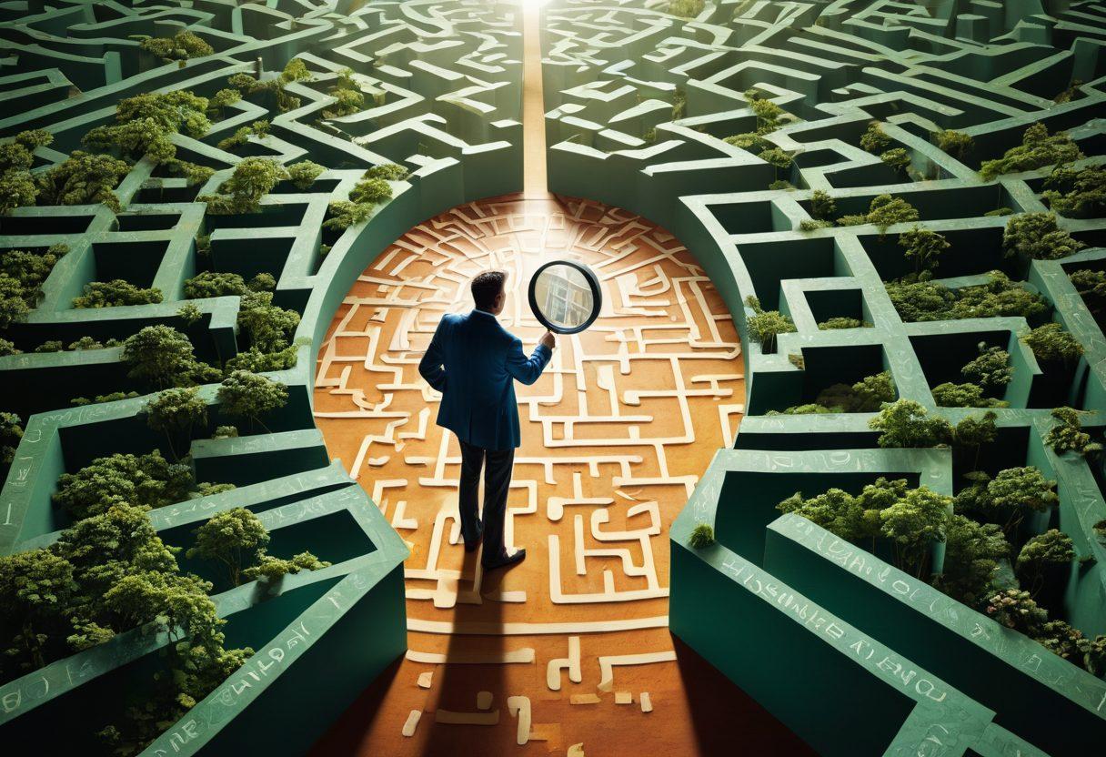 A confident person standing at the crossroads of a maze, holding a magnifying glass, symbolizing the search for insurance knowledge. Various insurance policy icons (home, health, auto) are etched into the maze walls, with rays of light illuminating the path ahead. The background is filled with an abstract representation of overlapping documents and premiums. vibrant colors. super-realistic.