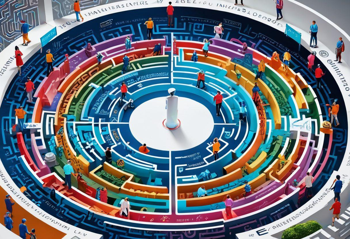 A panoramic view showing a diverse group of people navigating through a colorful maze of insurance symbols and icons like shields, coins, and safety nets. In the background, a tall compass points towards 'Financial Security'. The scene conveys a sense of guidance and expertise with light beams illuminating the paths to success. super-realistic. vibrant colors. white background.